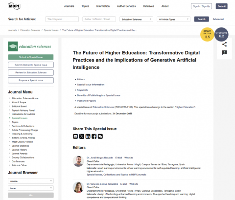 Jordi Mogas i Vanessa Esteve, Guest Editors d’un Special Issue internacional sobre el futur de l’educació superior i la intel·ligència artificial generativa.